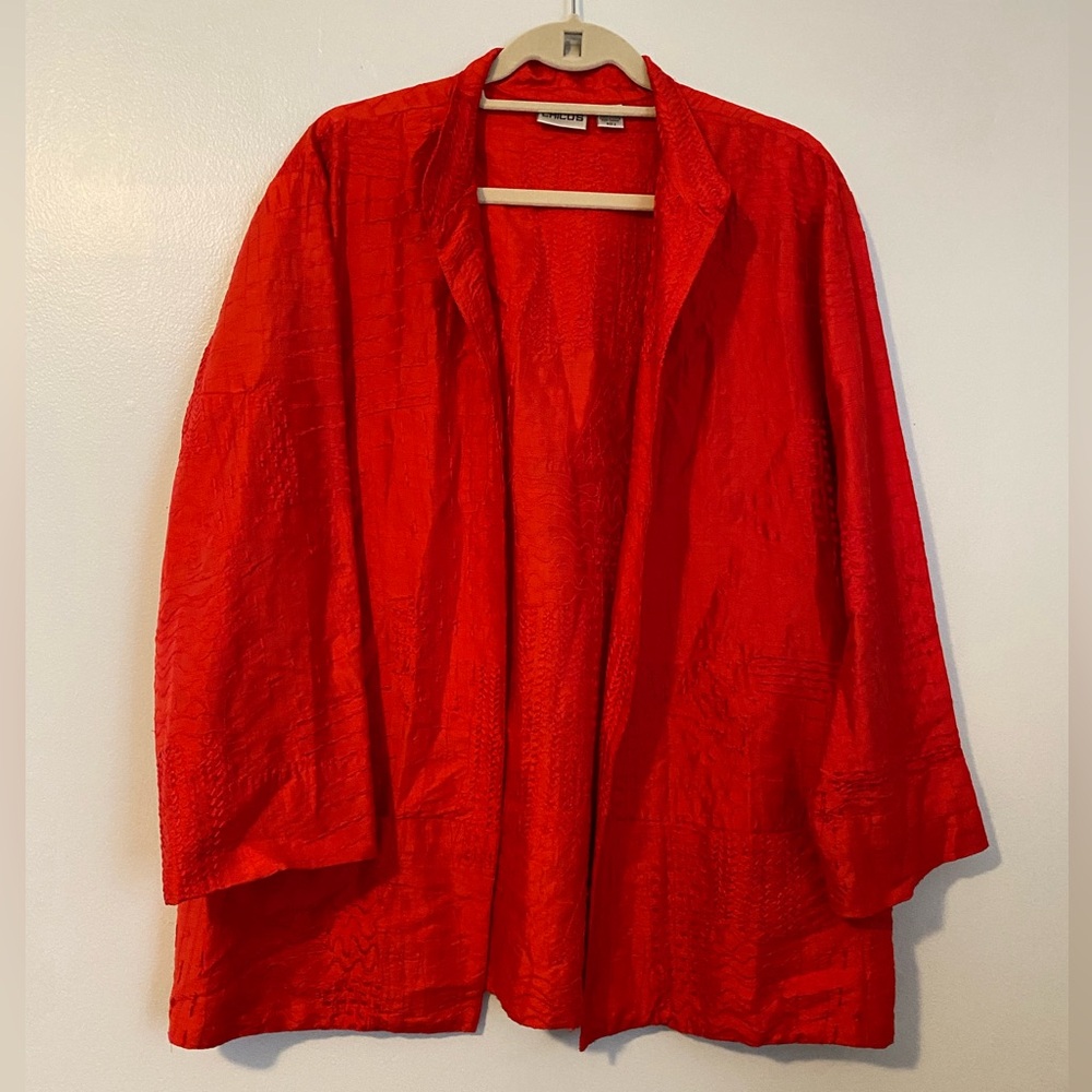 Chicos size 2 red silk topper cardigan jacket 3/4 sleeve